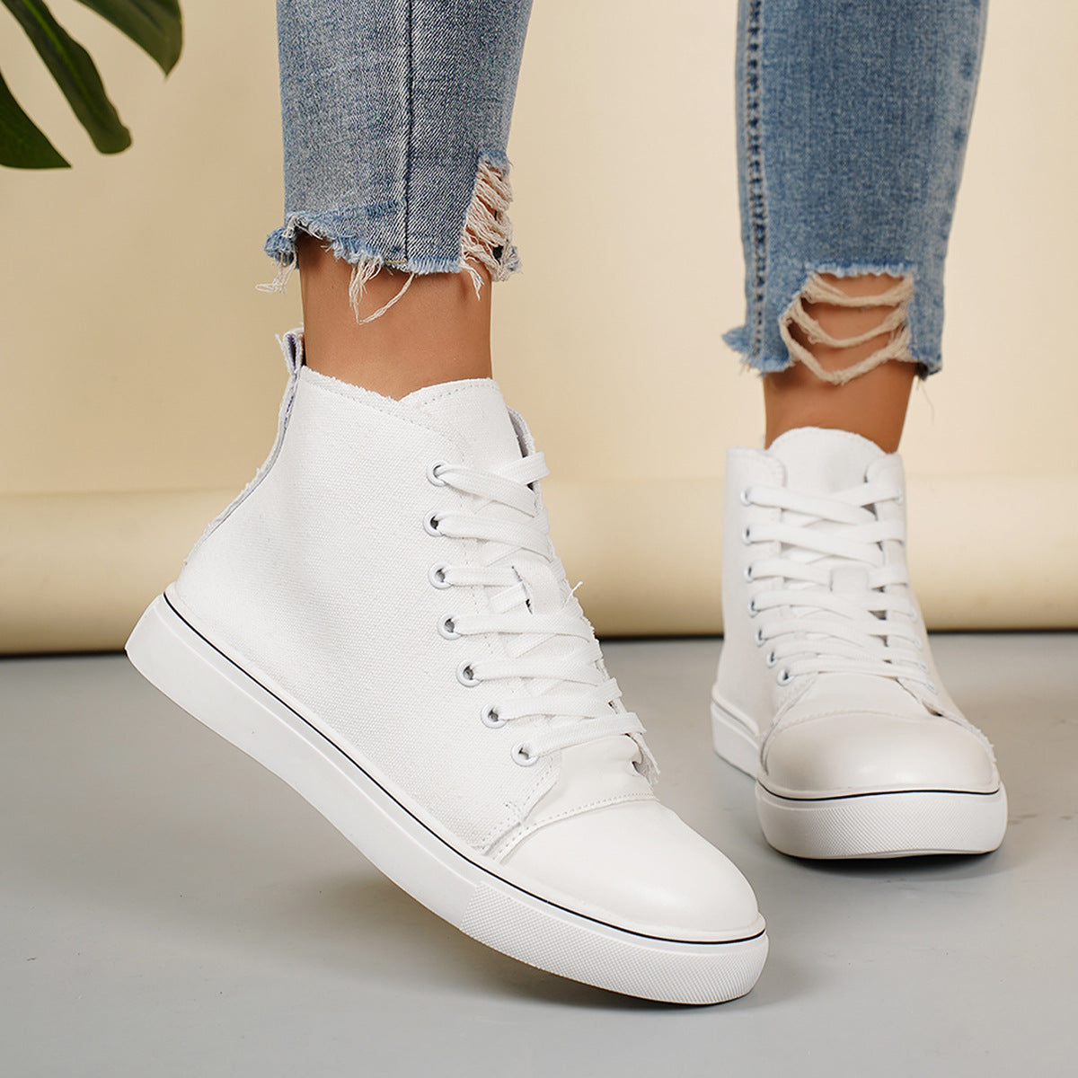 Women's High-Top Canvas Sneakers – Lace-Up Casual Flat Shoes