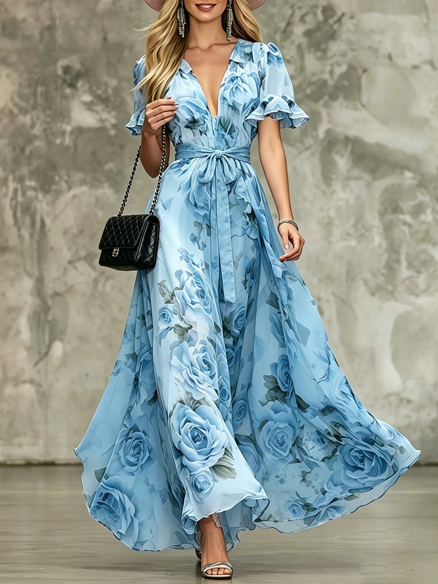 Women's Deep V-Neck Ruffle Sleeve Printed Maxi Dress – High Waist