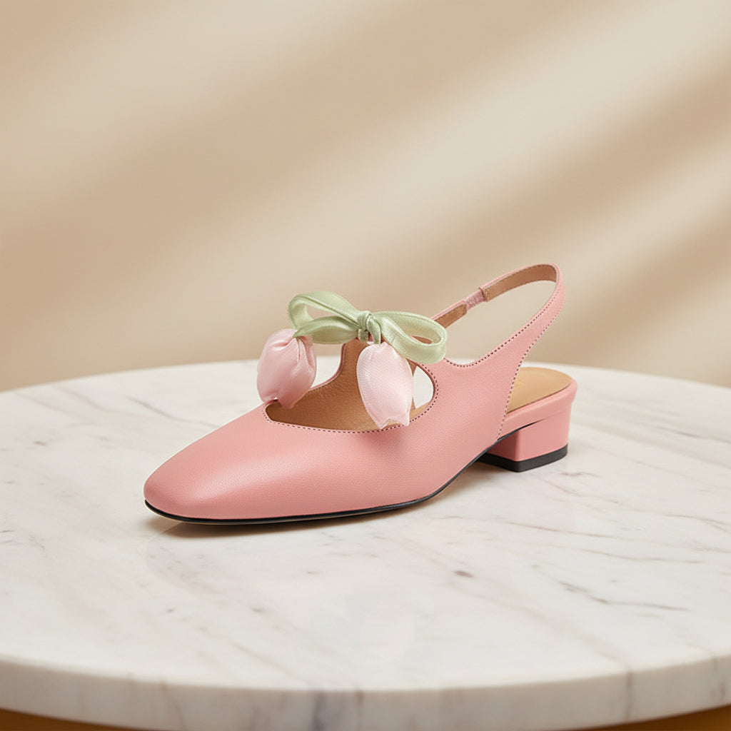 Women's French Style Leather Headband Sandals – Mid-Heel Round Toe