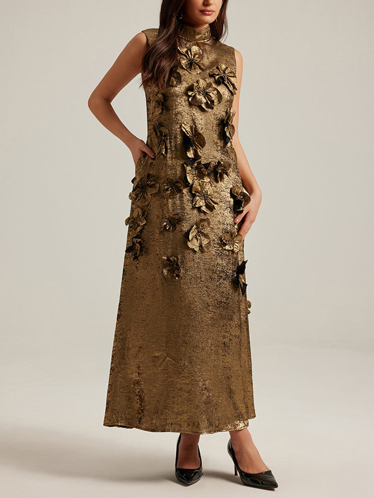 🌸 Three-Dimensional Floral Sleeveless A-Line Dress