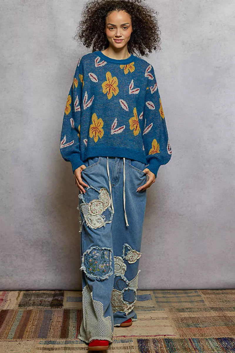 POL Floral Pattern Round Neck Balloon-Sleeve Sweater