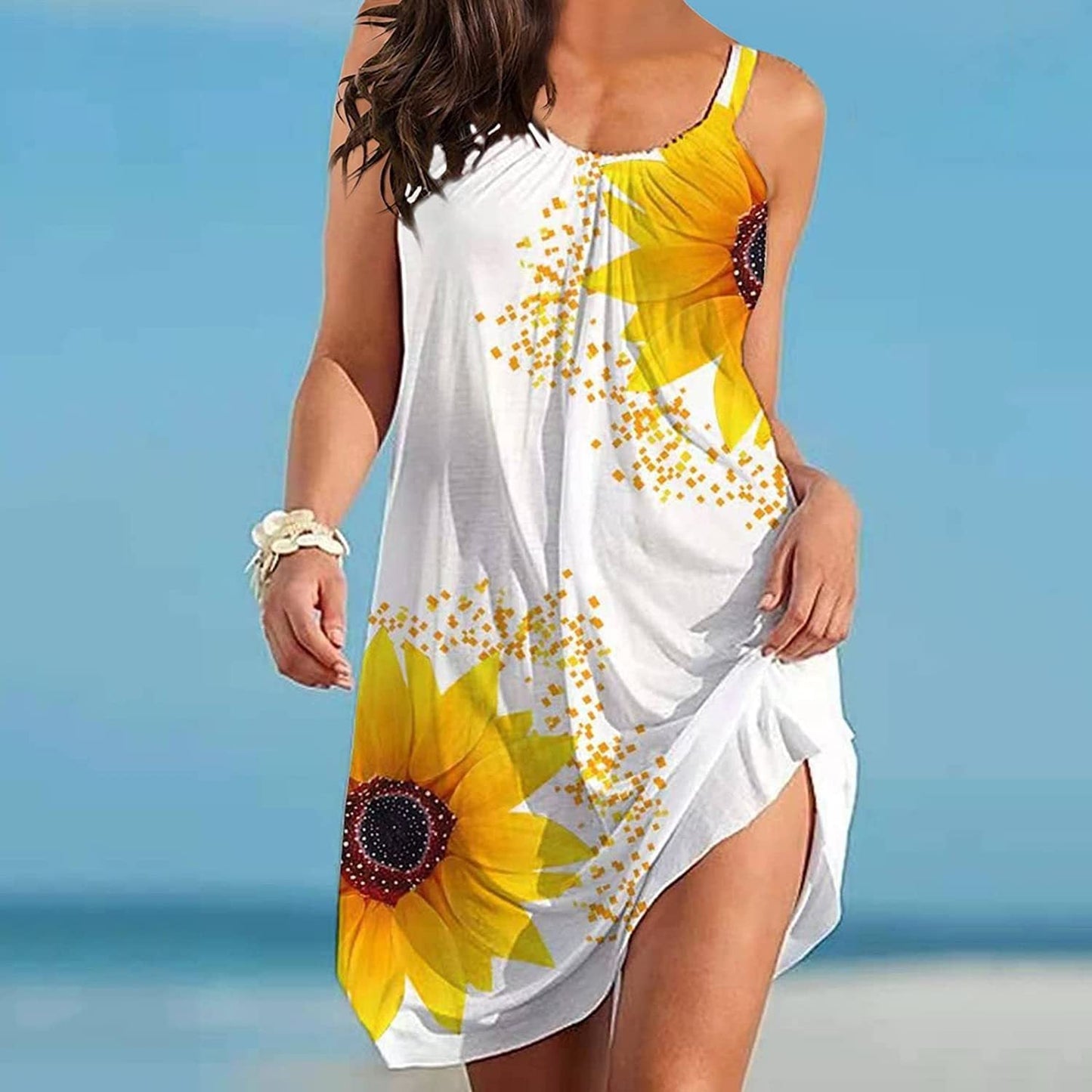 π» Plus Size Sunflower Print Sleeveless Wrap Dress