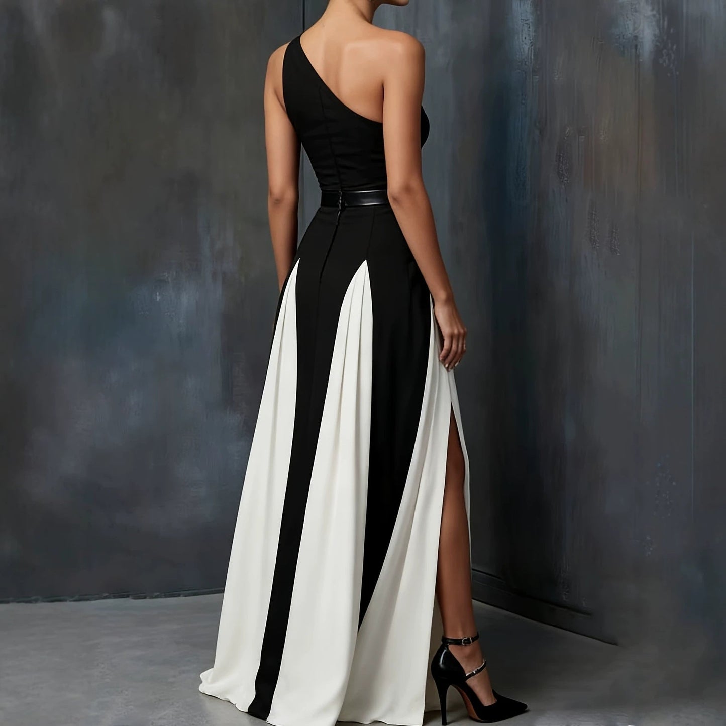 Black & White Single Shoulder Maxi Dress – Color Block Split Strap Long Dress