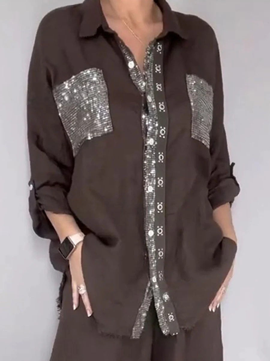 Women's Sequin Pocket Button-Up Shirt & Wide-Leg Pants Set