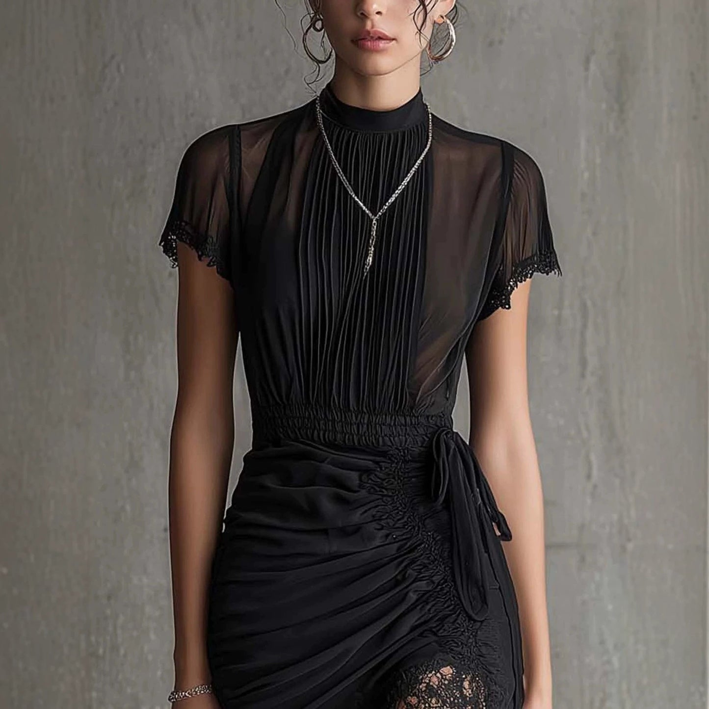 Black Lace Patchwork Slit Midi Dress – Slim-Fit High-Waist See-Through Dress for Women