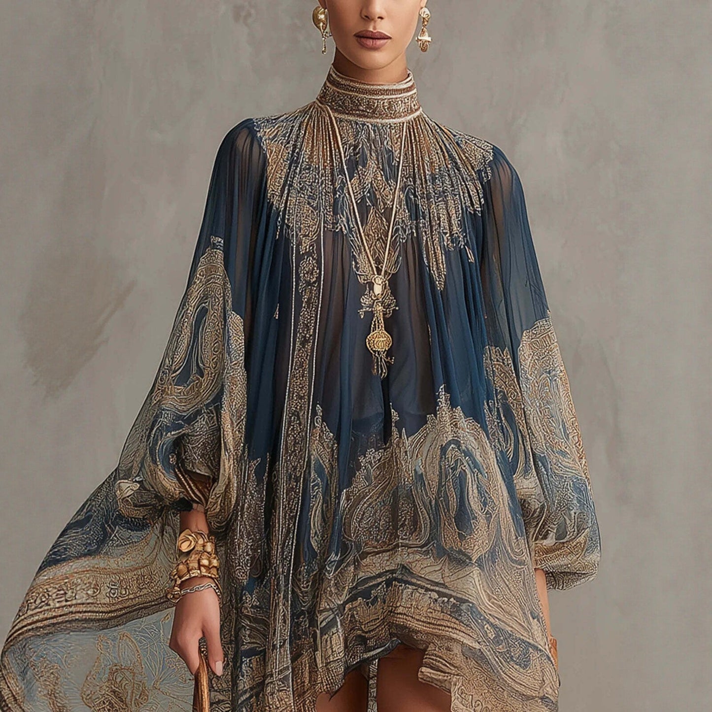 Navy Blue Printed Puff Sleeve Stand Collar Dress – Loose Boho Asymmetric Hem Dress for Women