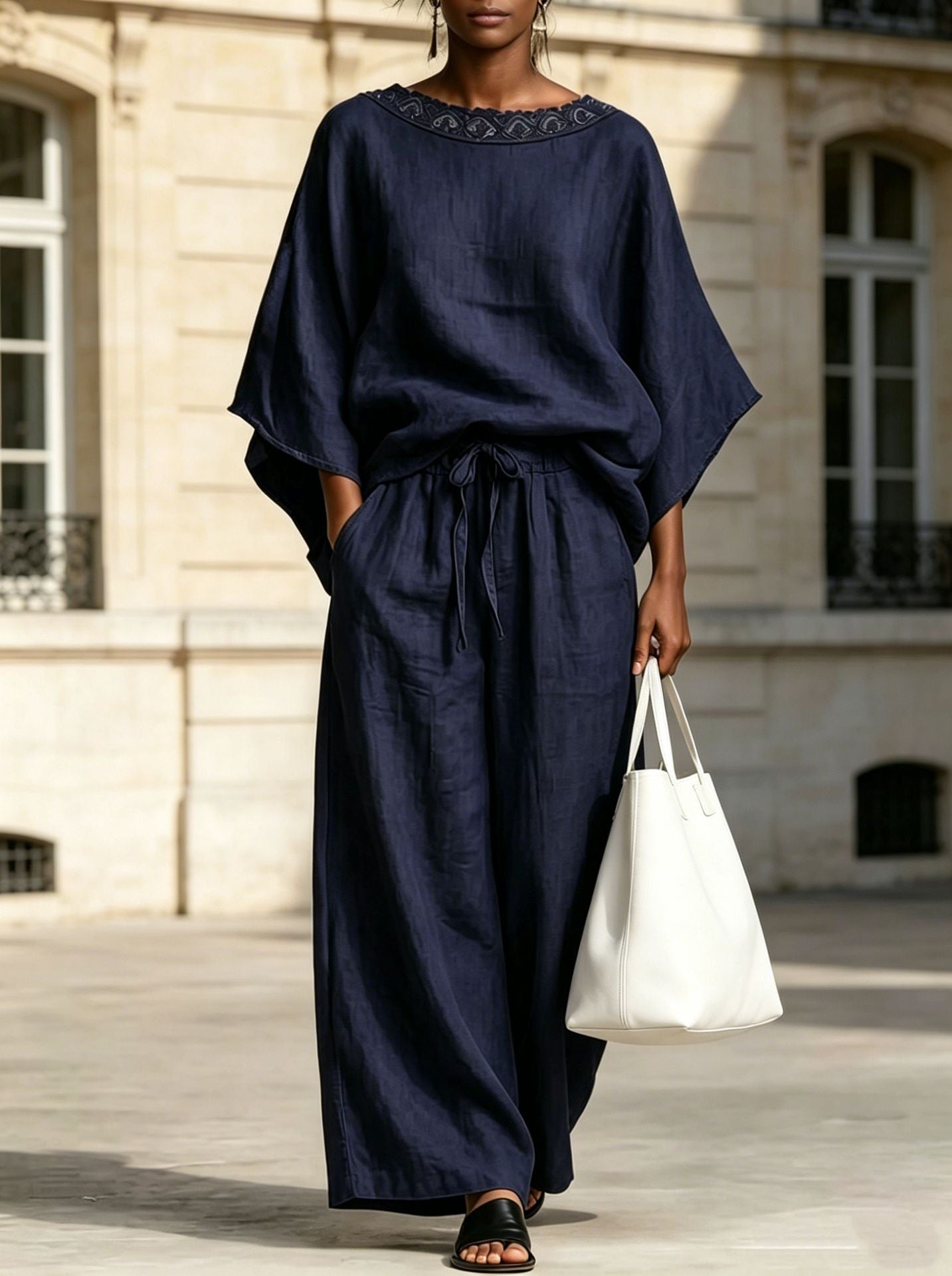 Women's Lace Trim Batwing Top & Wide-Leg Pants Two-Piece Set
