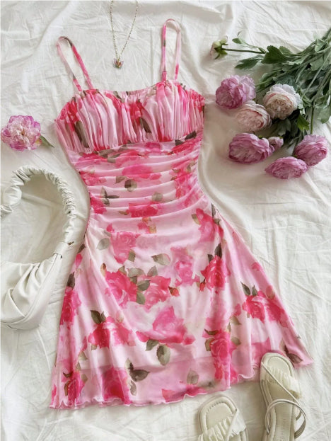 Boho Floral Spaghetti Strap Mini Dress – Ruched Ruffle Hem Vacation Sundress