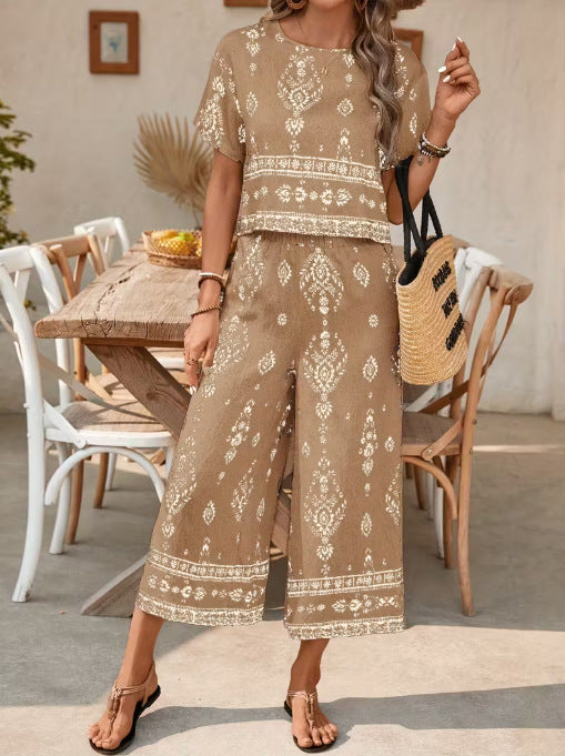 Women's Ethnic Print Contrast Two-Piece Set – Top & Straight-Leg Pants