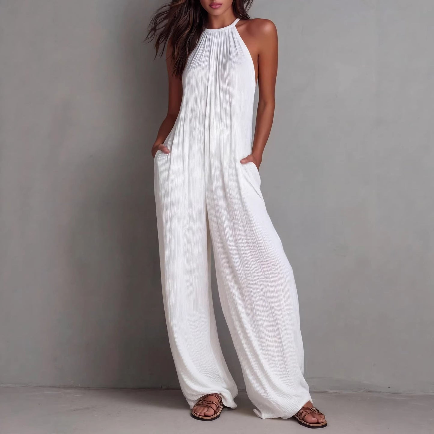Women's Sleeveless Open-Back Wide-Leg Pleated Jumpsuit