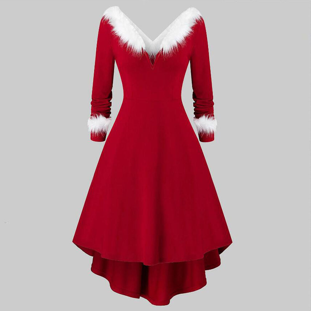 Christmas Women’s Fur Patchwork V-Neck Long-Sleeved Dress