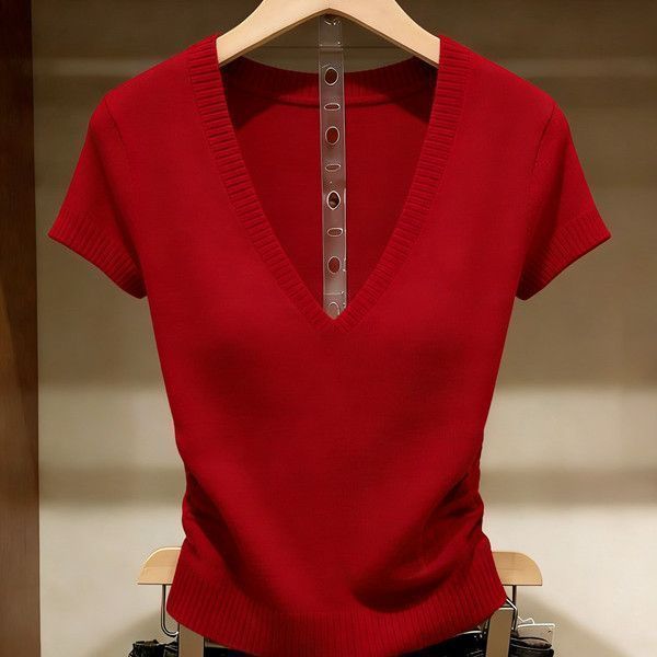 Solid Color Ice Silk Knit Top for Women – Slim-Fit Short Sleeve Elegant Commuter Top