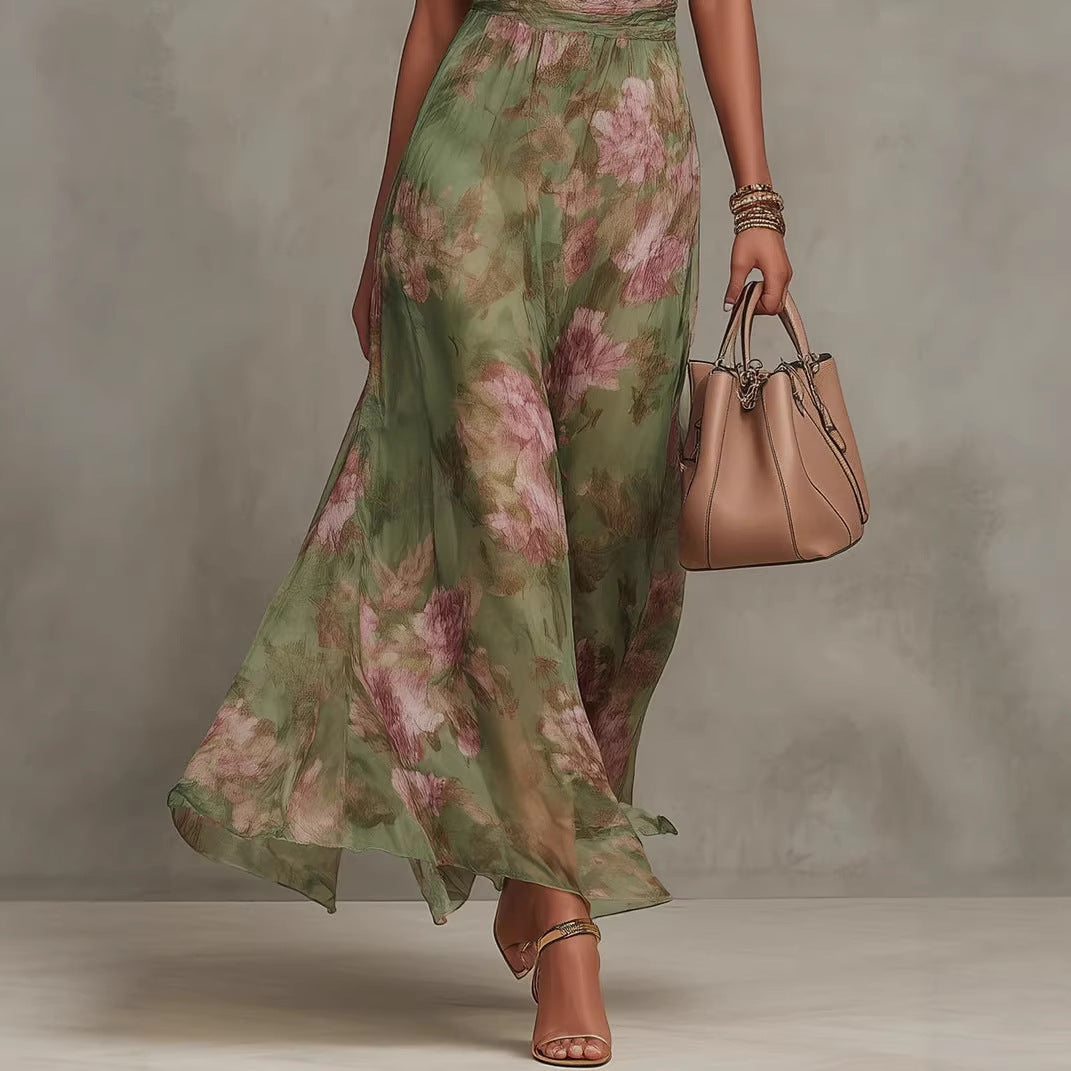 Green Graffiti Print Mesh Suspender Maxi Dress – High-Waist Irregular Slit Streetwear Dress