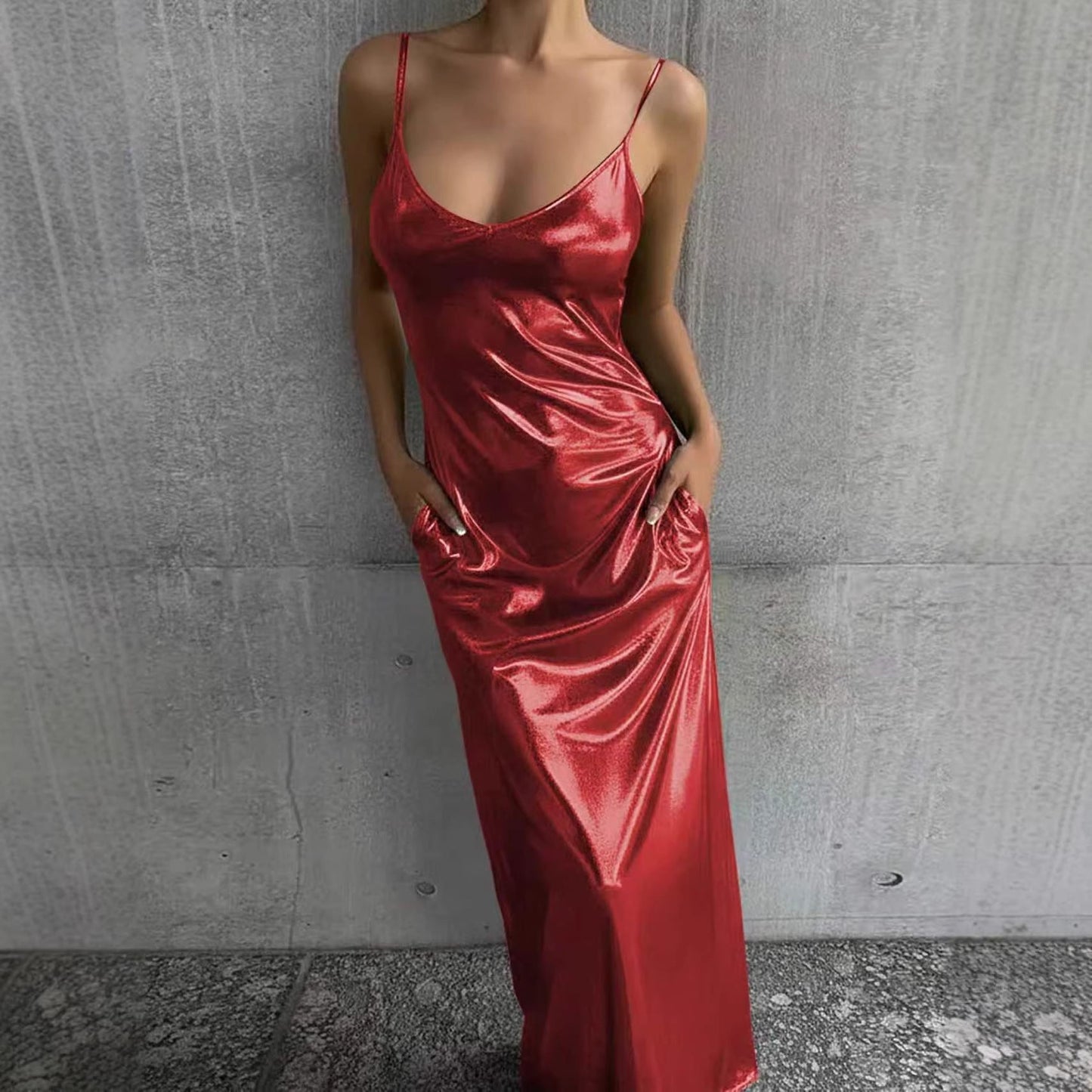 Textured Mirror-Finish U-Neck Slip Maxi Dress with Pockets
