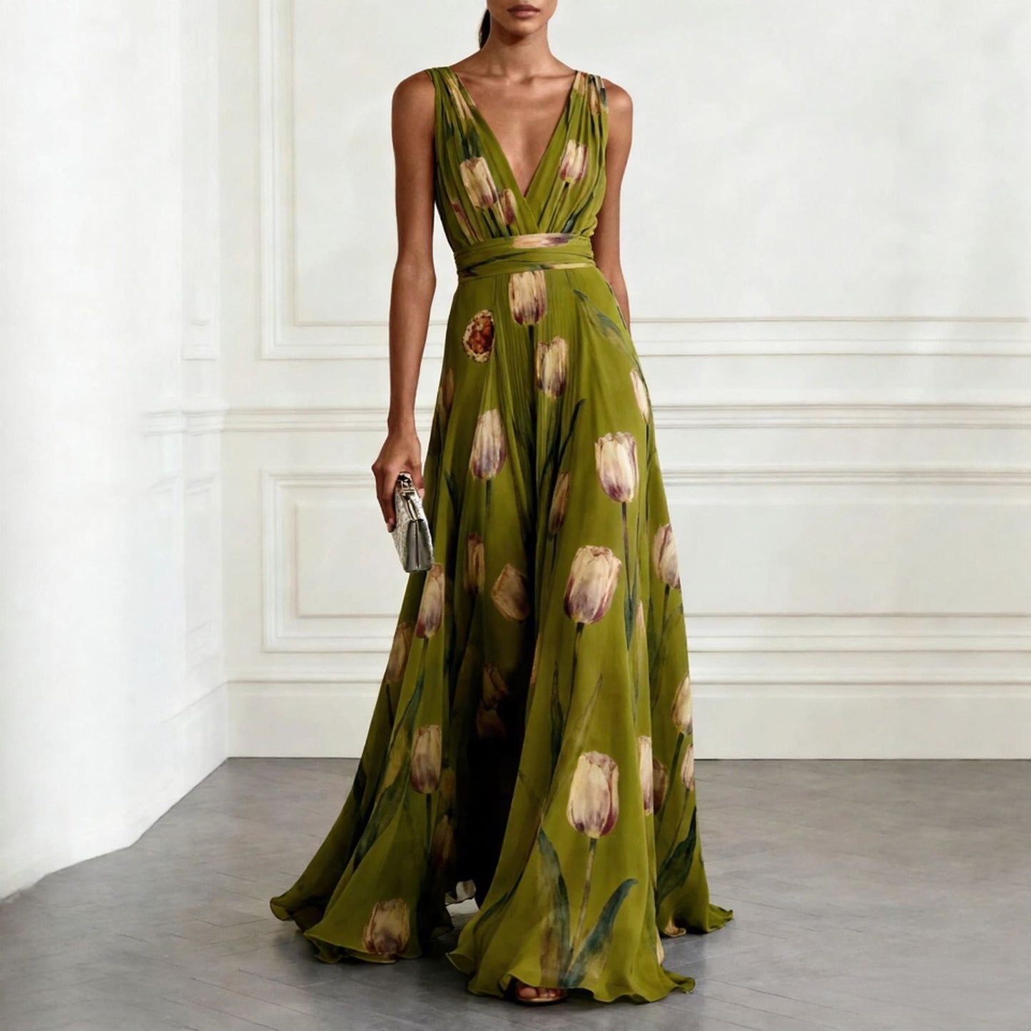 Women's Tulip Print Sleeveless Deep V-Neck A-Line Maxi Dress – 7 Colors