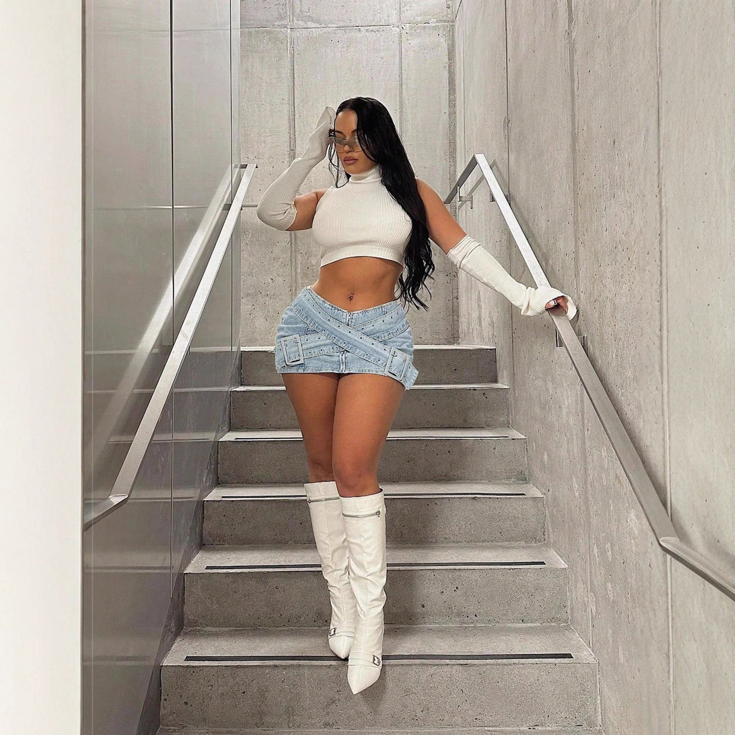 Women's Light Blue Denim Mini Skirt – Bodycon Cross-Over Buckle Design
