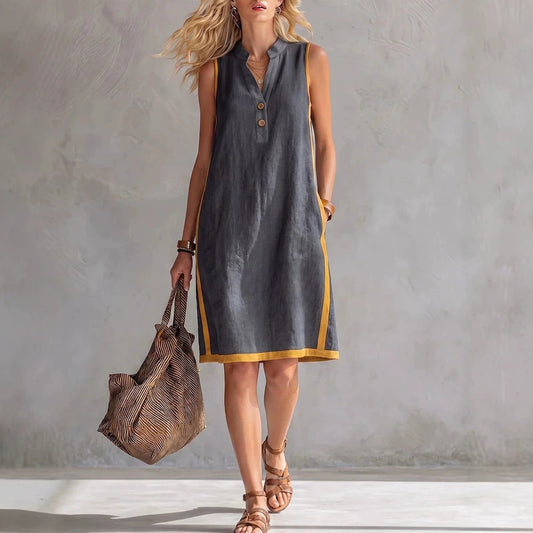Vestido midi sin mangas con cuello de pico, botones frontales y bolsillos, corte en A para mujer