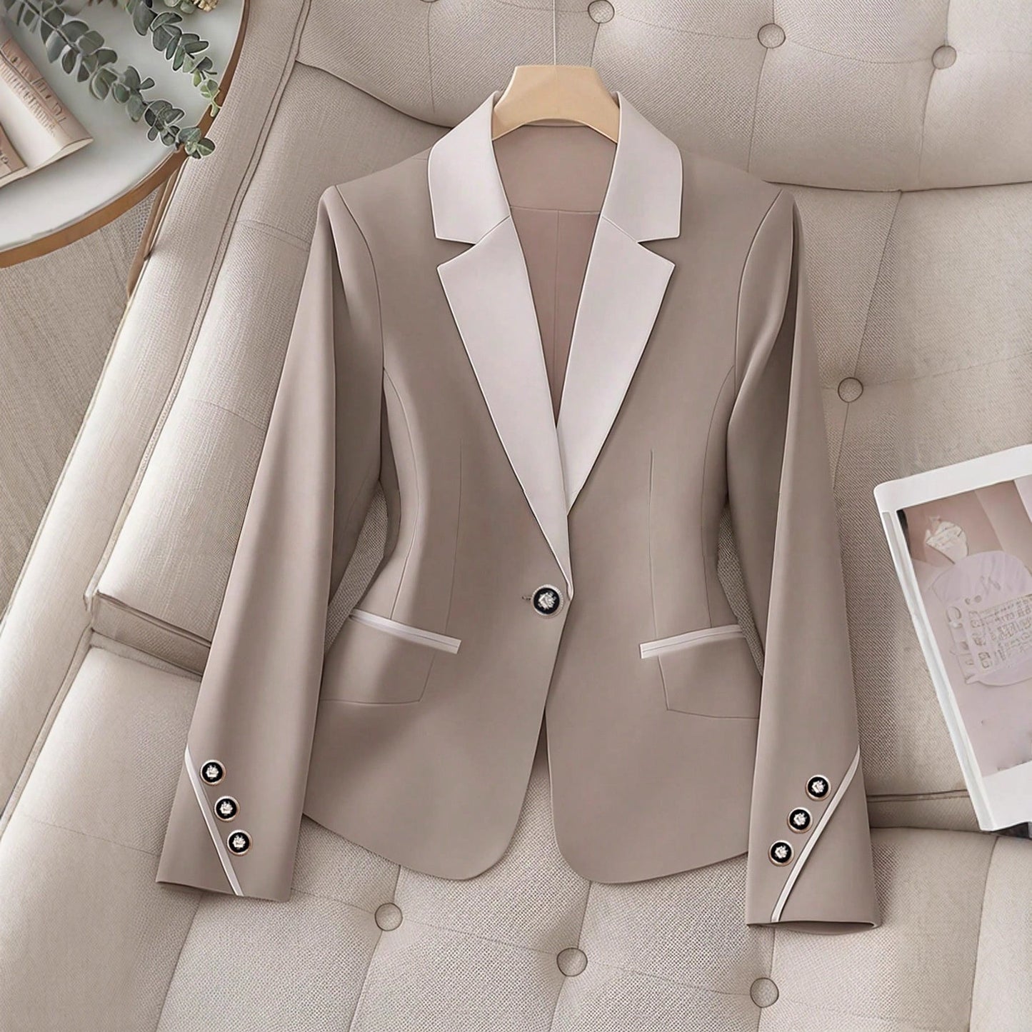 Women’s Contrasting Color Blazer – Elegant Button Formal Jacket
