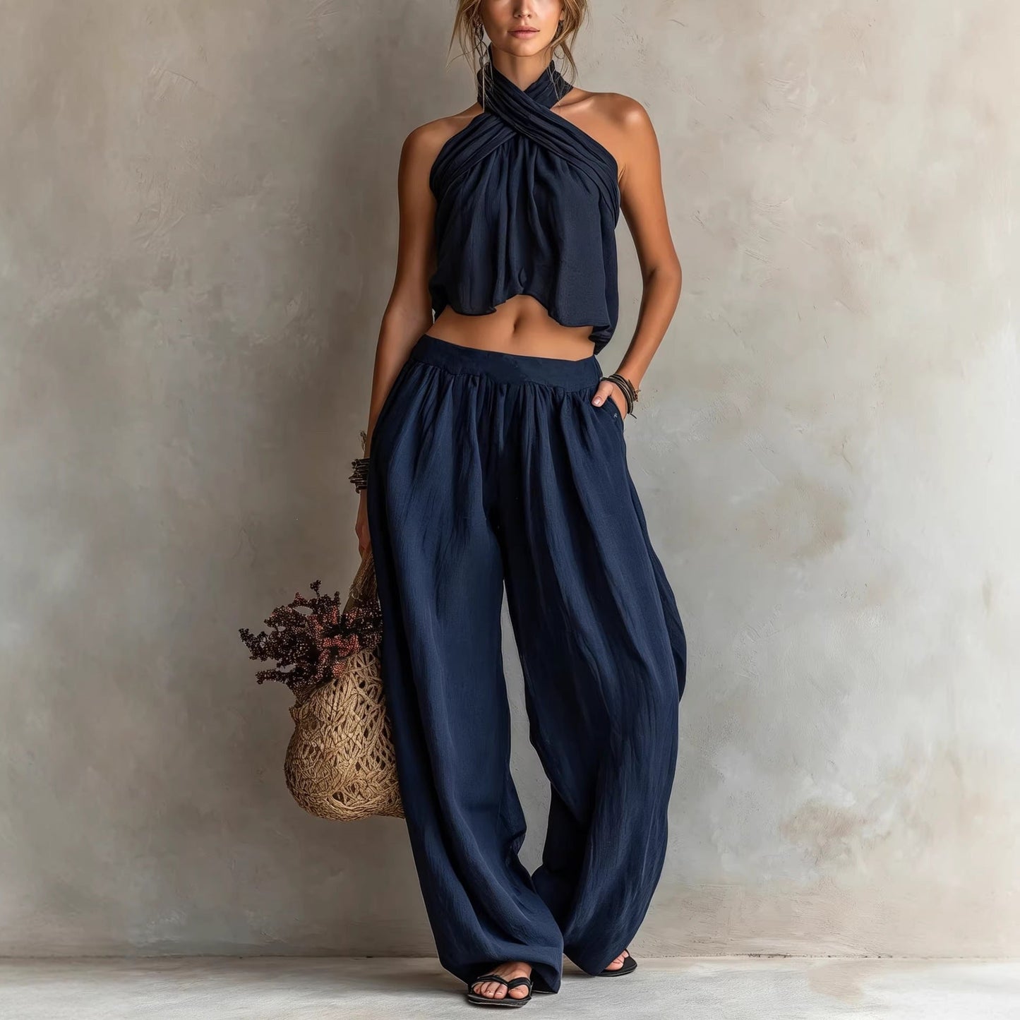 Women's Loose Sleeveless Top & Wide-Leg Pants Set – Linen Blend