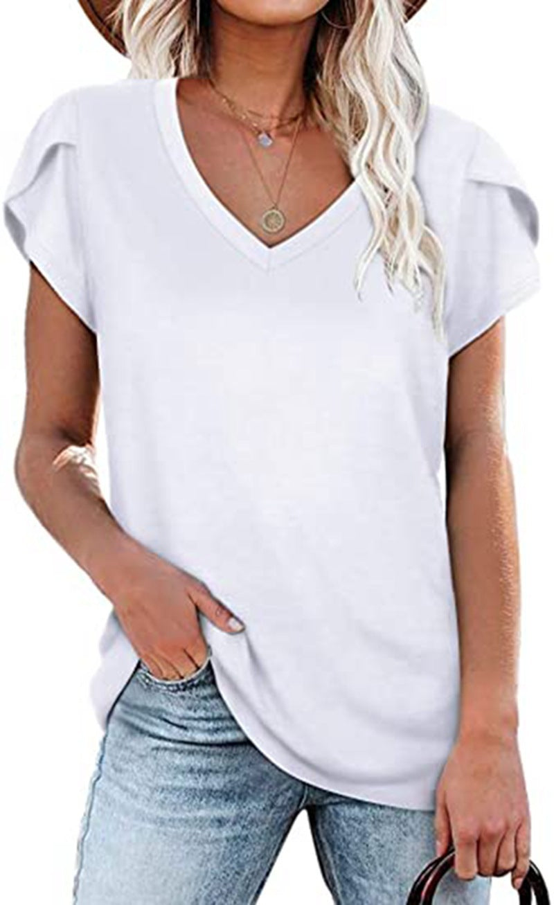 🌸 Women's V-Neck Petal Sleeve Summer T-Shirt – Elegant & Breezy