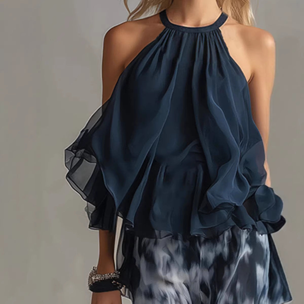 Women's Halter Neck Ruffle Chiffon Top & Tie-Dye Wide Leg Pants Set