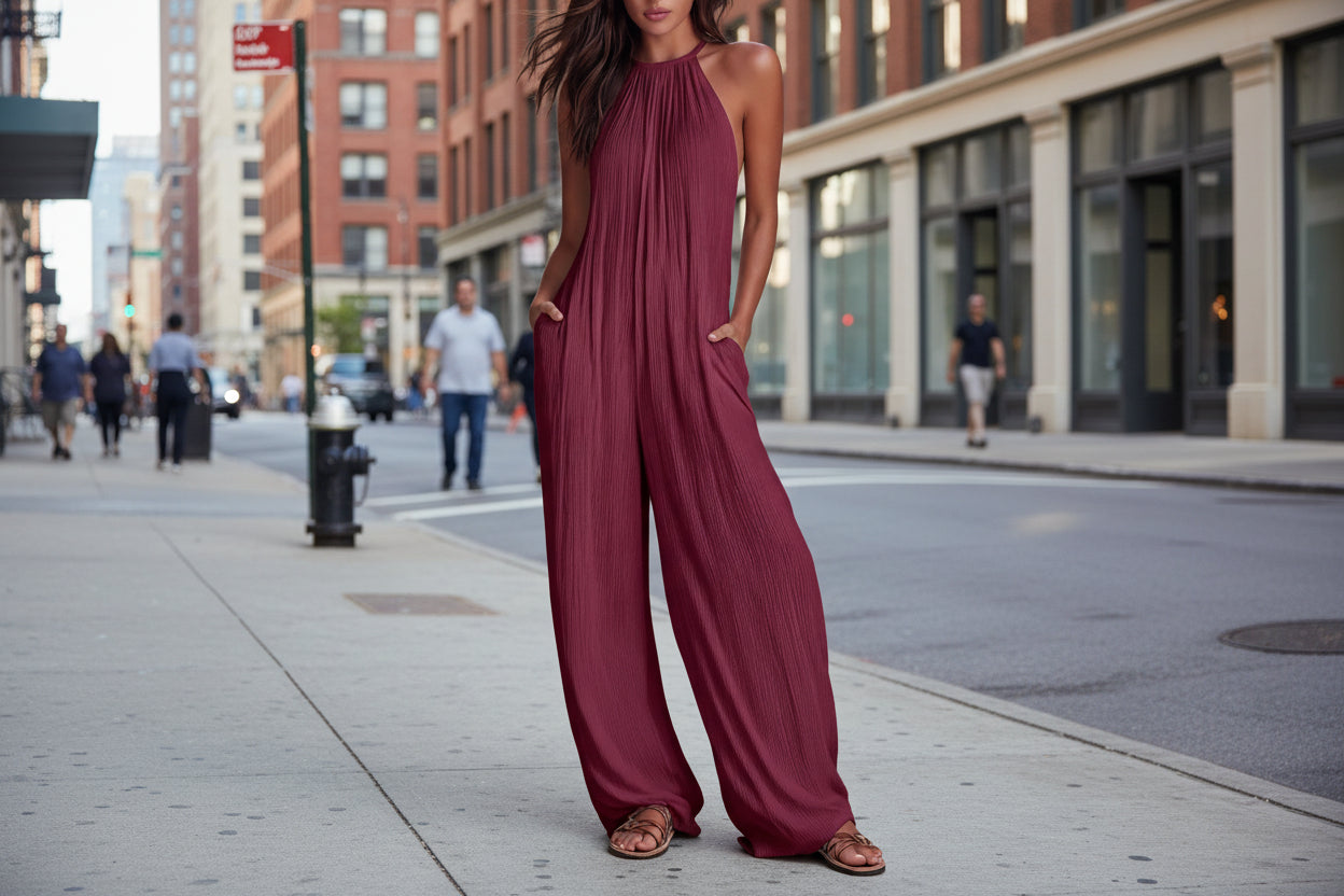 Women's Sleeveless Open-Back Wide-Leg Pleated Jumpsuit