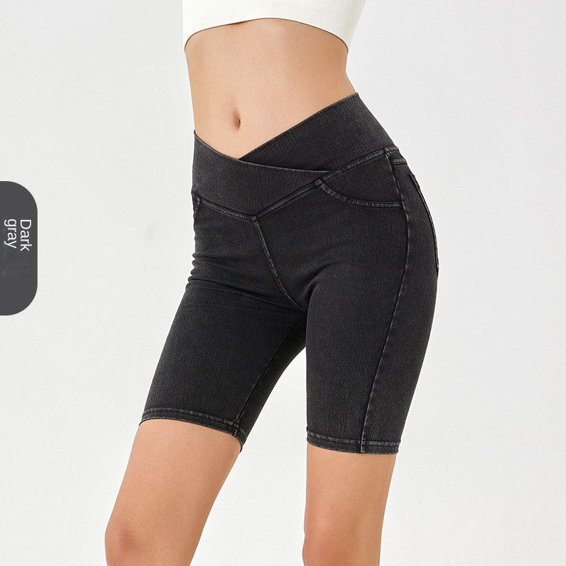 High-Waist Stretchy Denim Shorts with Pockets – Slimming Casual Fitness Shorts