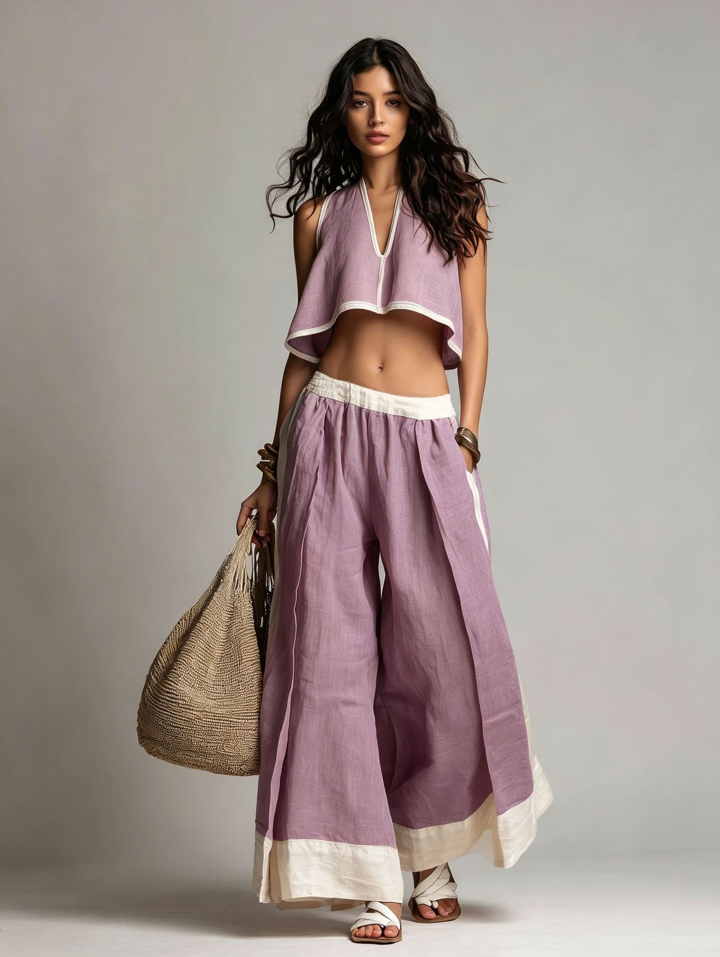 Sleeveless V-Neck Two-Piece Set – Solid Color Lounge & Casual Outfit