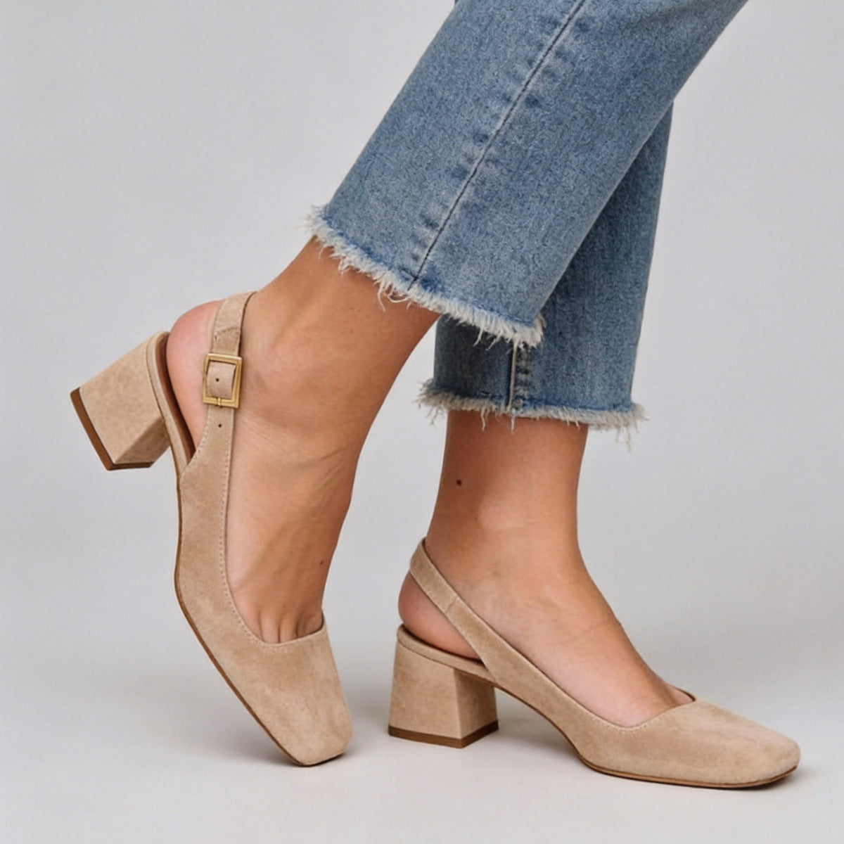 Women's Square Toe Slingback Chunky Heels – Buckle Strap Wide Fit