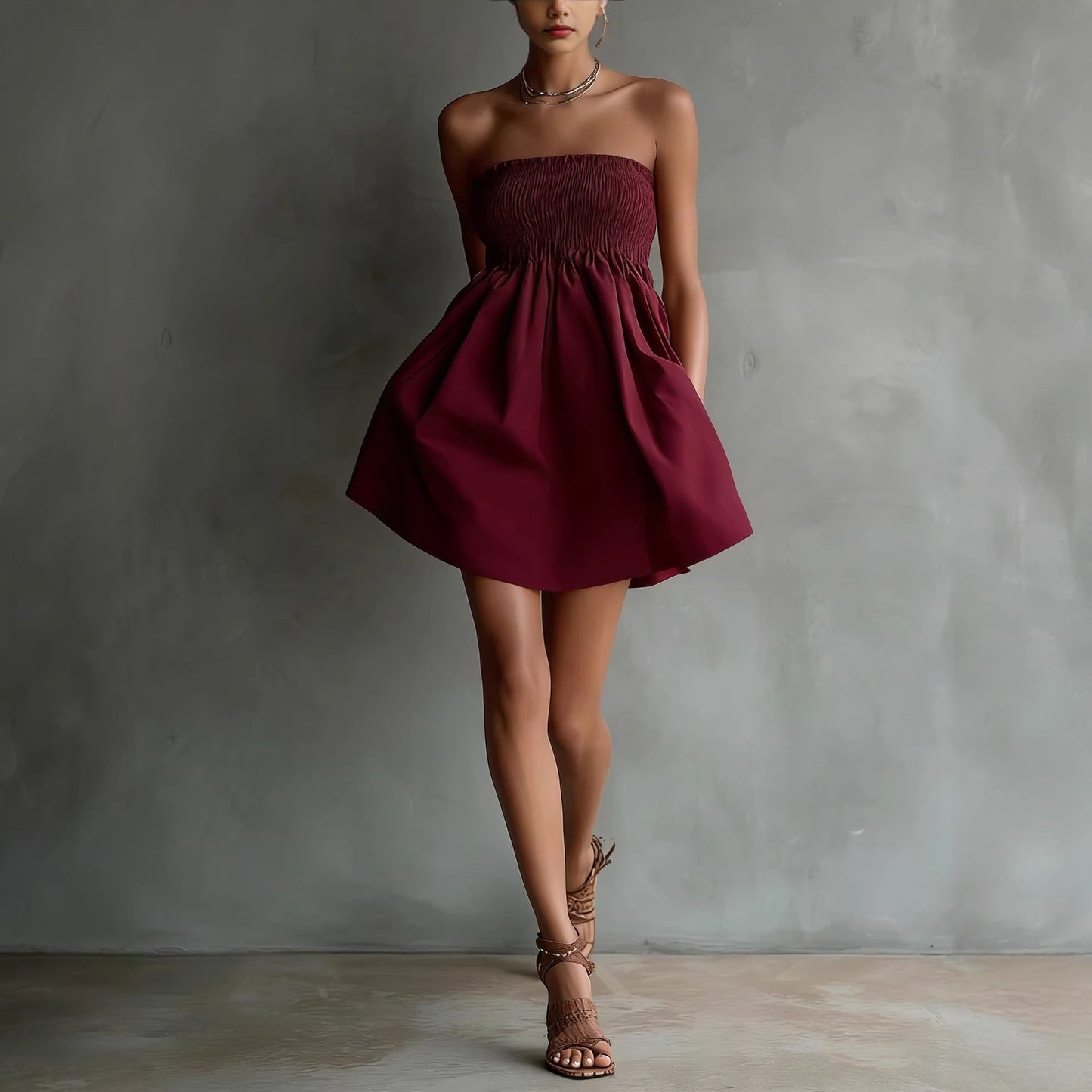 Women's Strapless Tube Mini Dress – Solid Color Elastic Waist