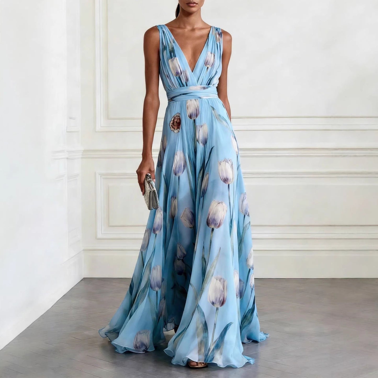 Tulip Print V-Neck Sleeveless Maxi Dress – Floral Chiffon
