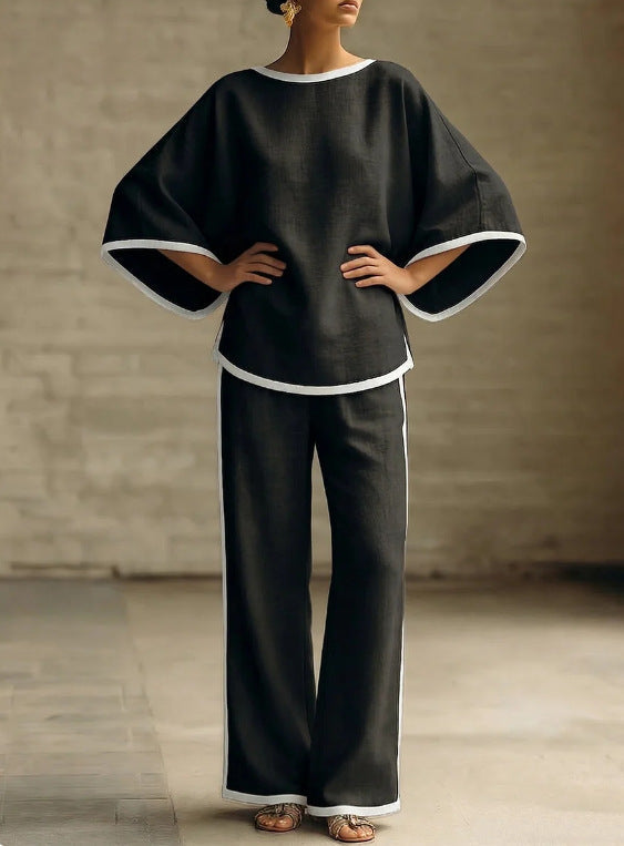 Loose Bat Sleeve Two-Piece Set – Round Neck Top & Wide Leg Pants