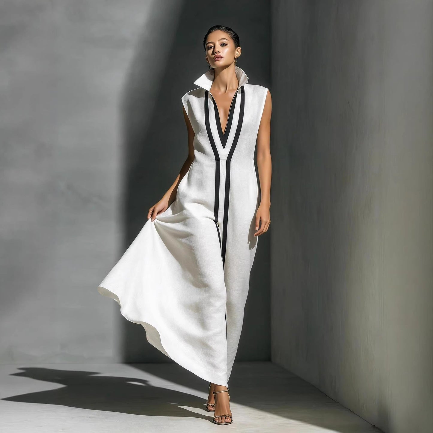Women's V-Neck Color-Block Sleeveless A-Line Maxi Dress – 4 Colors XS–2XL