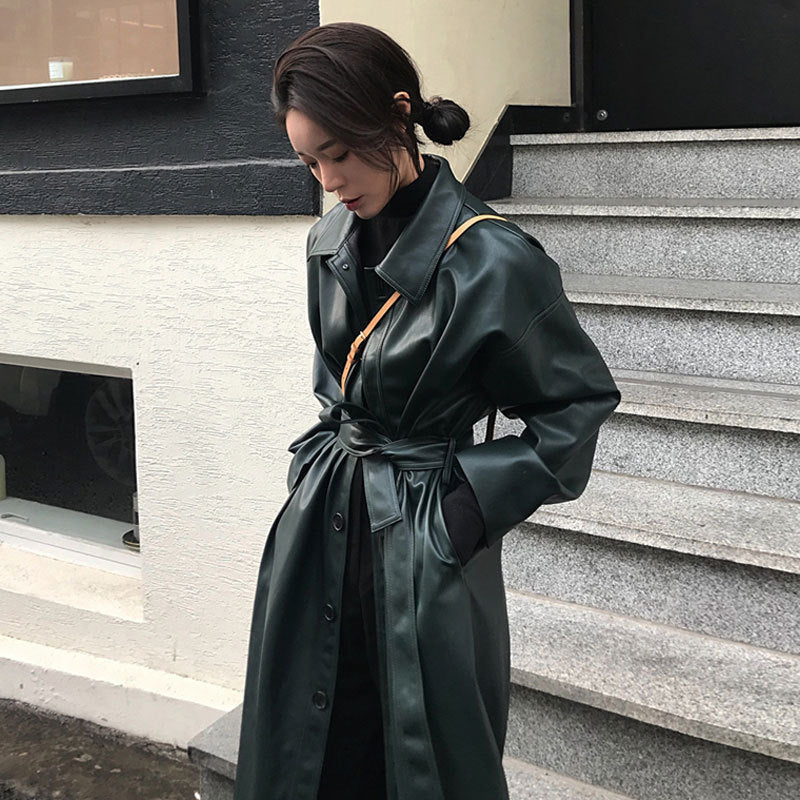 Women's Long PU Leather Jacket | Polo Collar Lace Detail Coat