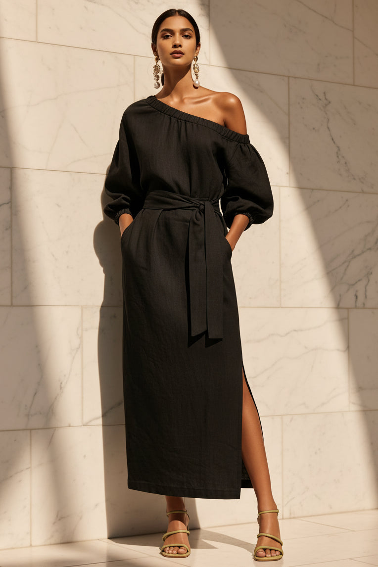 Women's Asymmetric Neck Linen Maxi Dress – Belted with Side Slit & Pockets