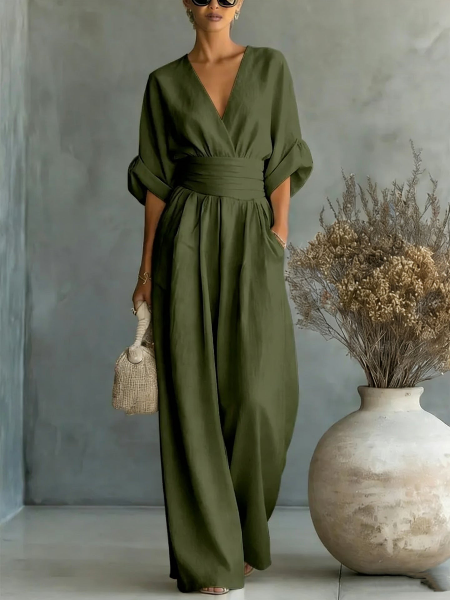 Women's V-Neck Wide-Leg Jumpsuit – High Waist Pleated Elegant 11 Colors S–5XL