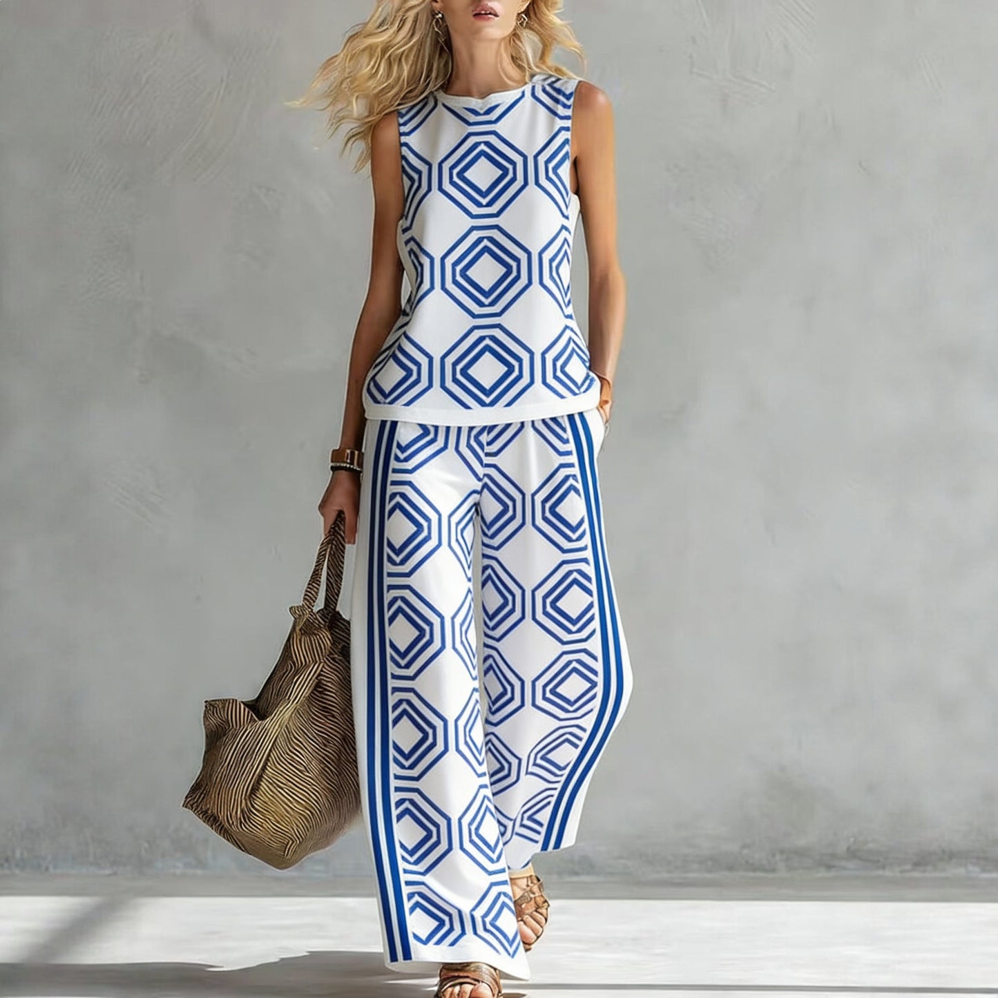 Women's Sleeveless Printed Tank Top & Wide-Leg Pants Two-Piece Set