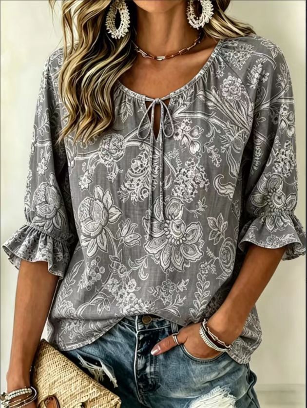 Women's Floral Print Three-Quarter Sleeve Shirt – Relaxed Retro