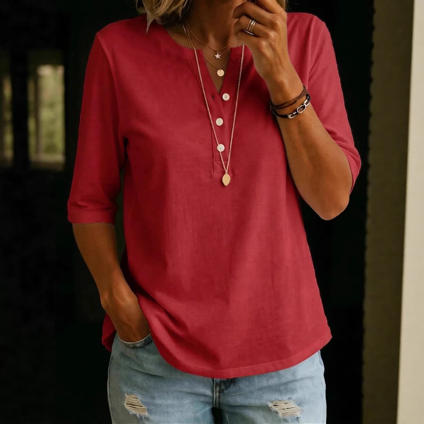 Women's Solid Color Henley Button-Up Short Sleeve Top