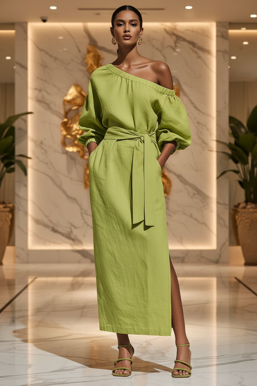 Women's Asymmetric Neck Linen Maxi Dress – Belted with Side Slit & Pockets
