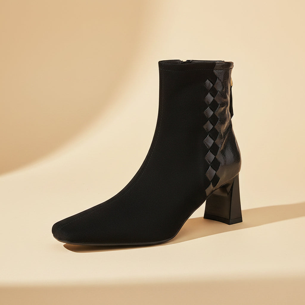 Women's Sheepskin Square Toe Chunky Heel Ankle Boots – Korean Patchwork Style