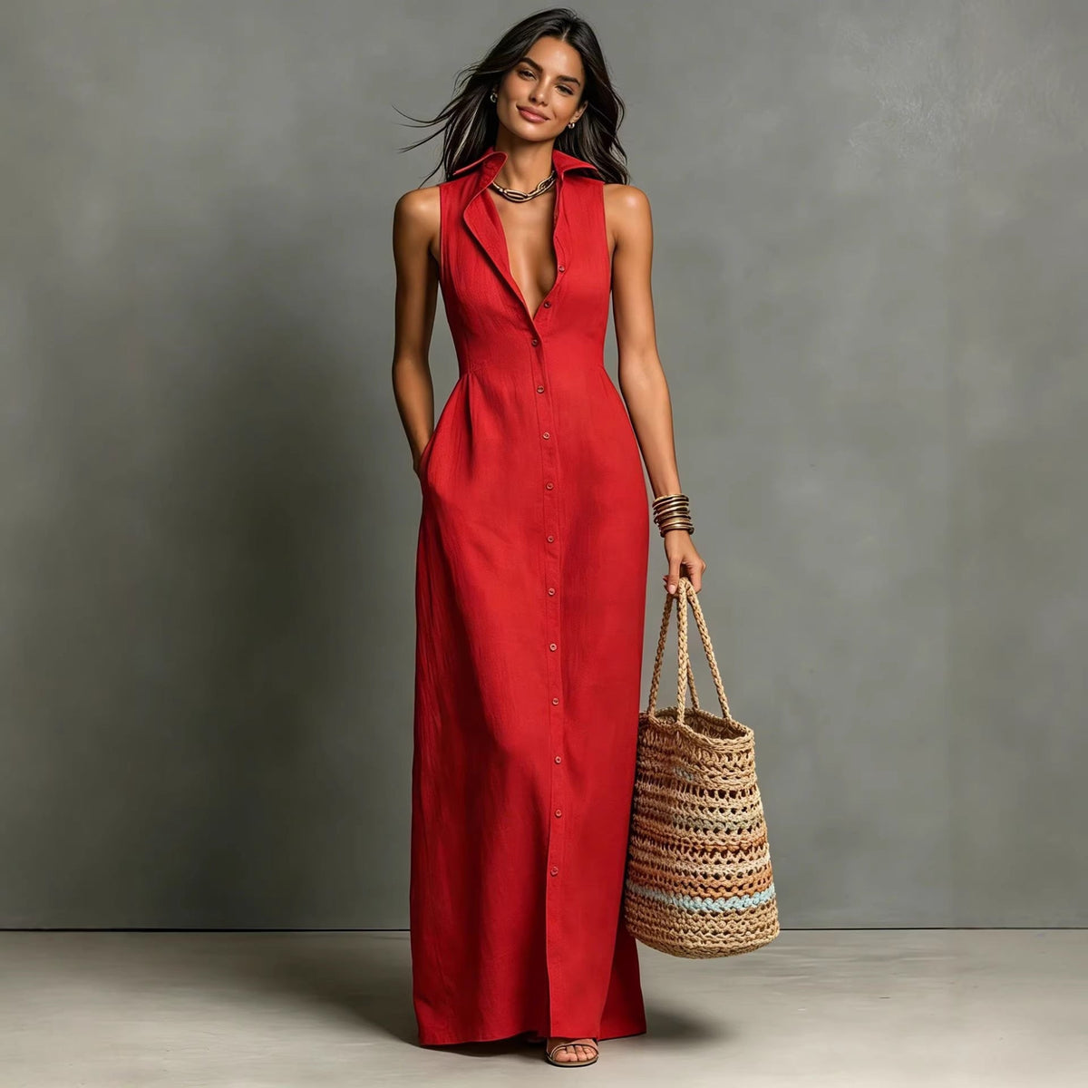 Women's Stand-Collar A-Line Maxi Dress