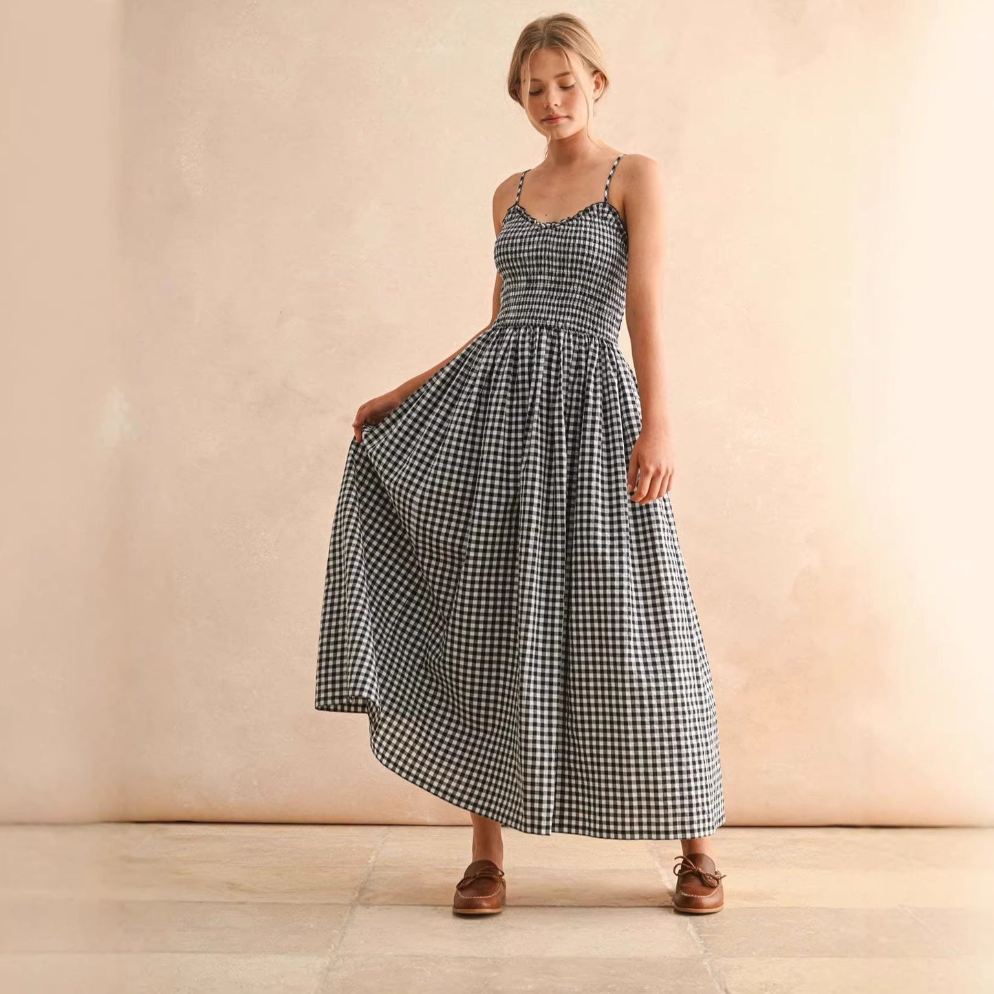 Women's Retro Plaid Sleeveless A-Line Maxi Dress – Fitted Waist Pleated Sundress