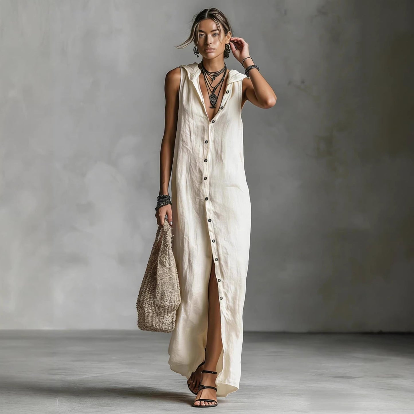 Women's Sleeveless Deep V-Neck Hooded Loose Maxi Dress – 6 Colors XS–3XL