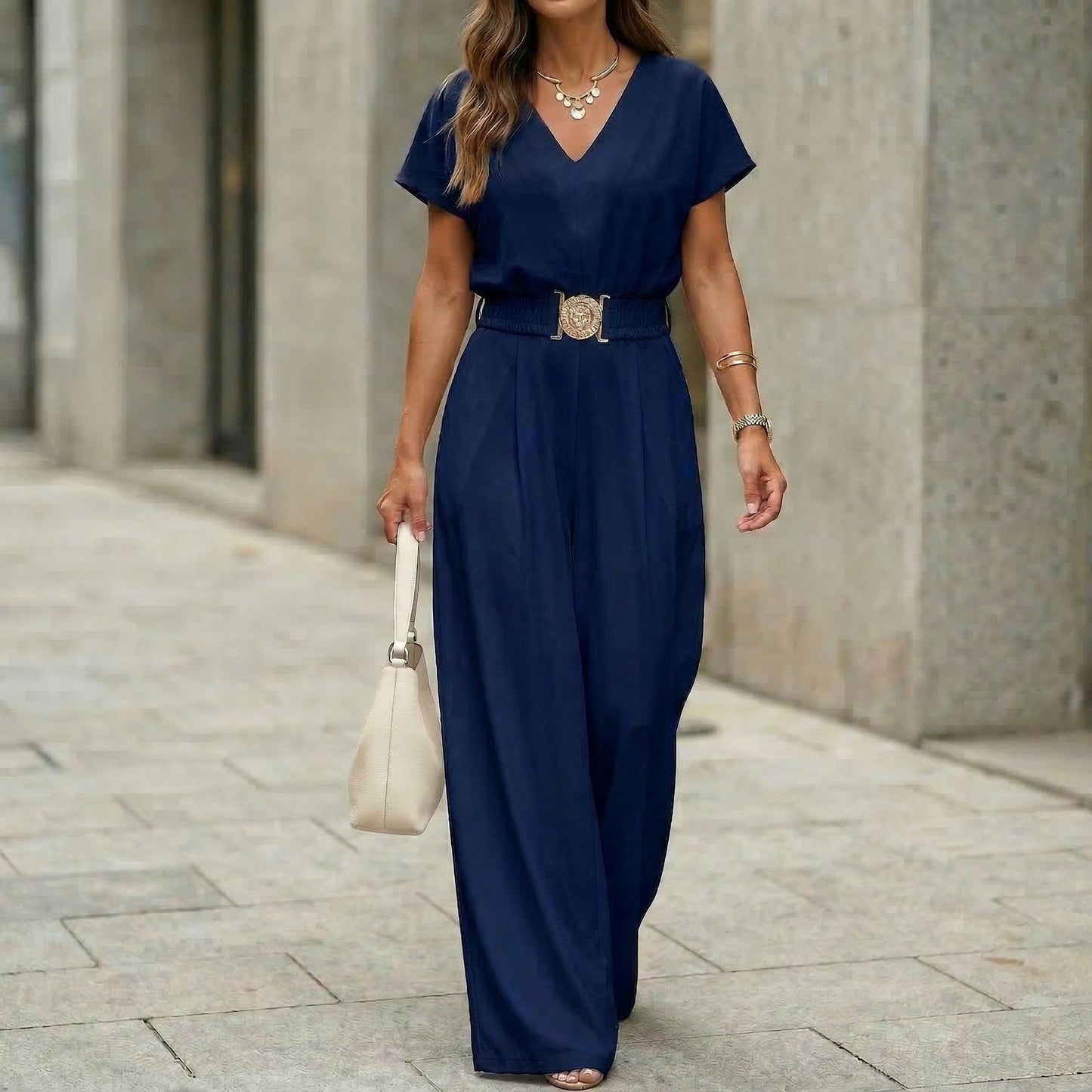 Women's V-Neck Belted Wide-Leg Jumpsuit
