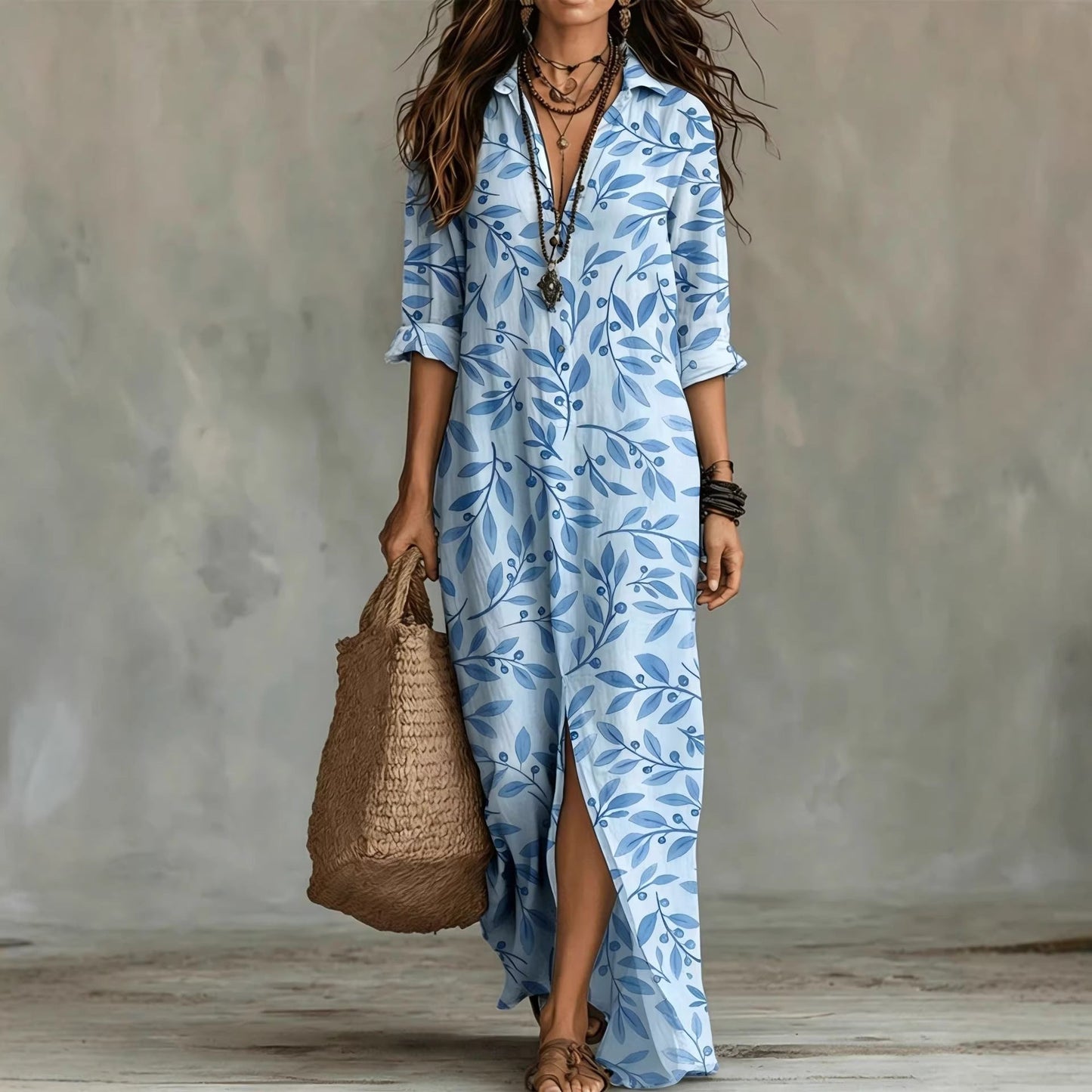 Digital Print Lapel Midi Shirt Dress – 5 Colors, S–3XL