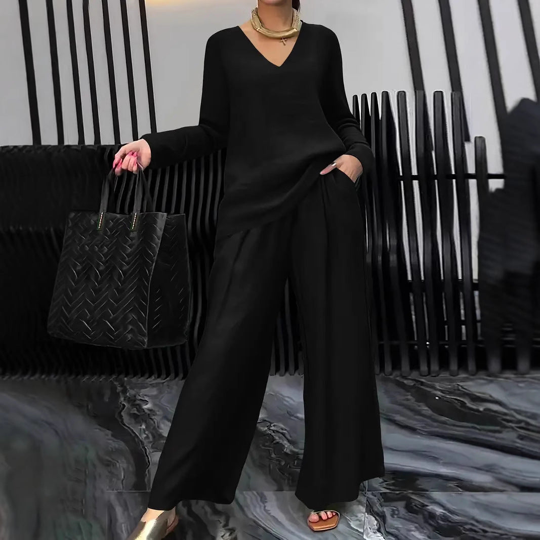 Solid Color Long Sleeve Top & Pants Two-Piece Travel Set