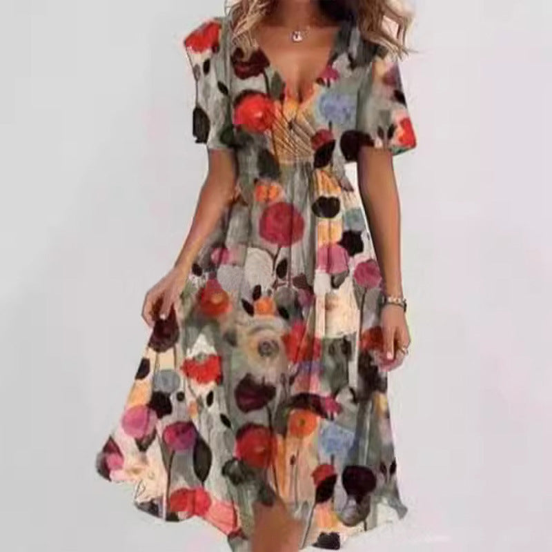 Floral Print A-Line Dress – V-Neck Short Sleeve Midi Dress
