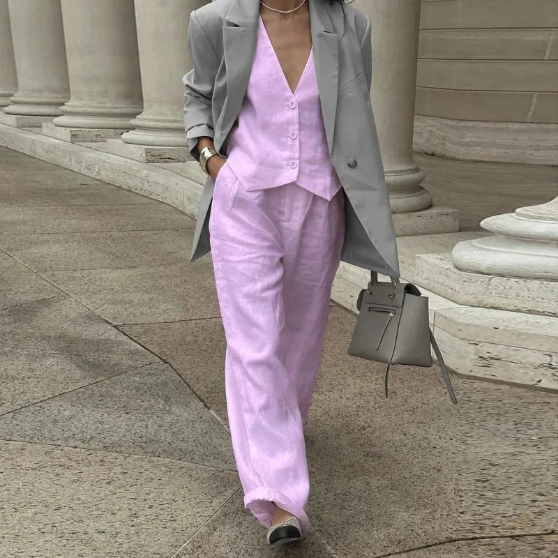 Women’s V‑Neck Button‑Front Vest & High‑Waist Pants Set