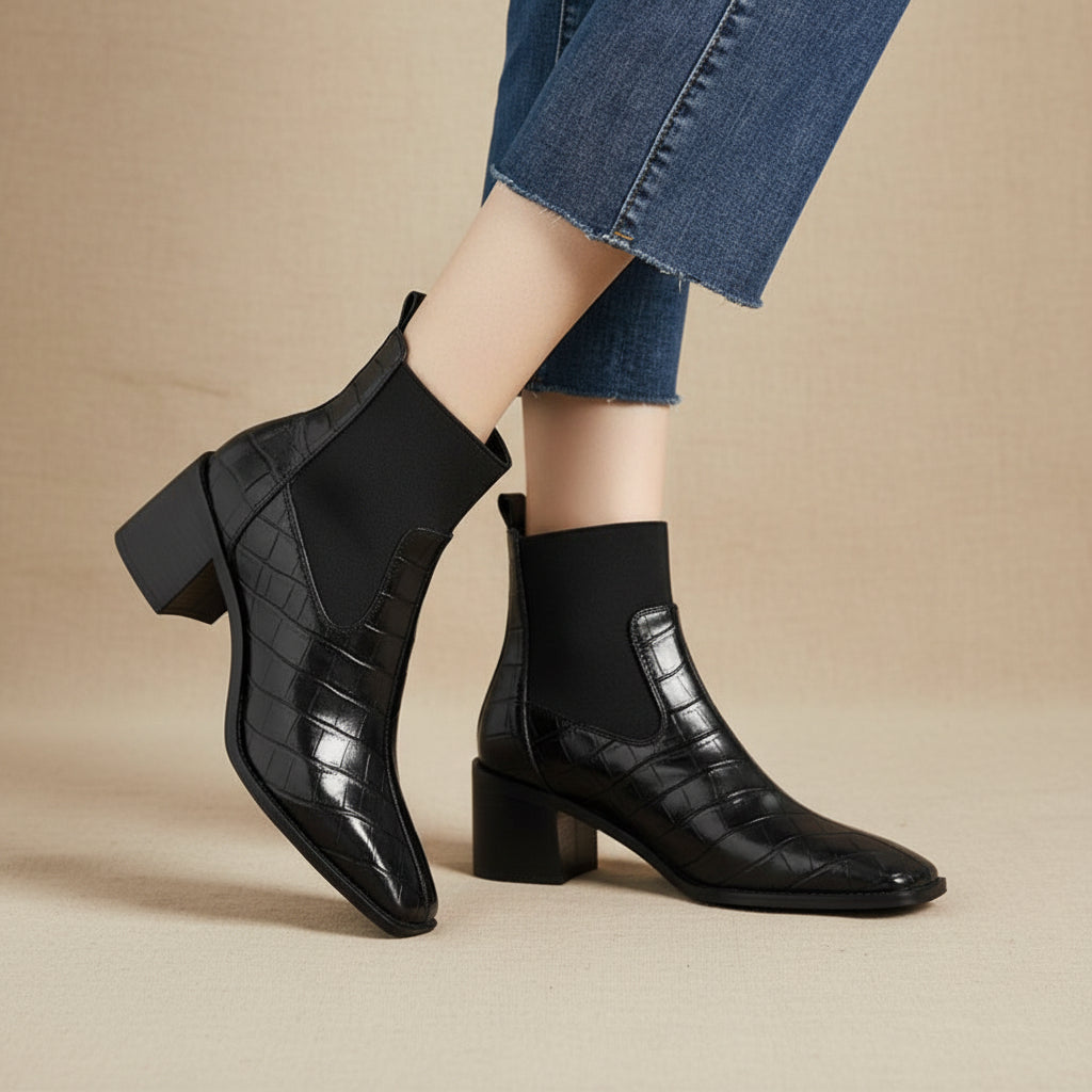 Women's Cowhide Square Toe Chunky Heel Pumps – Vintage Minimalist High Heels